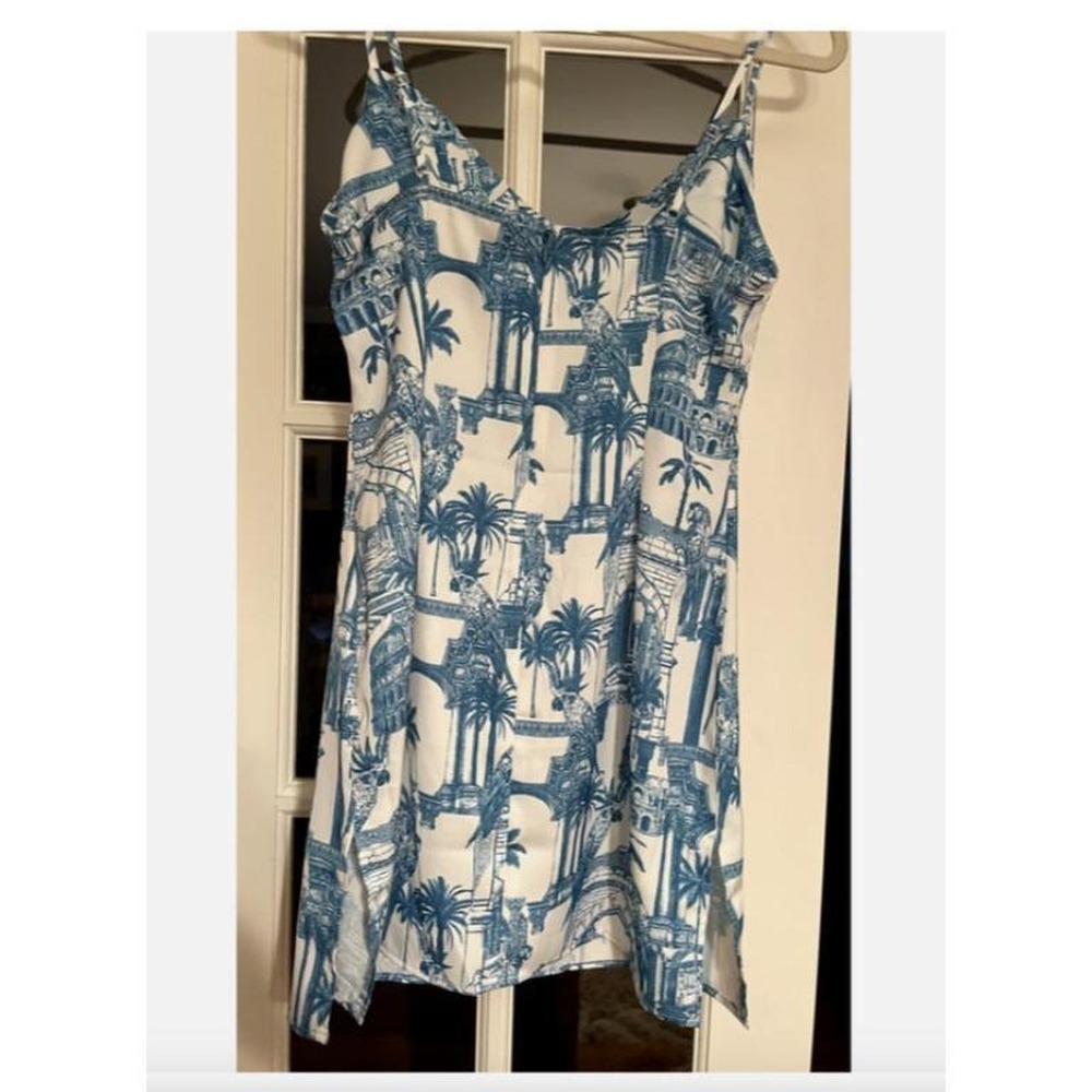 Forever 21 Blue White Parrot Palm Tree Toile Slip Mini Dress Medium